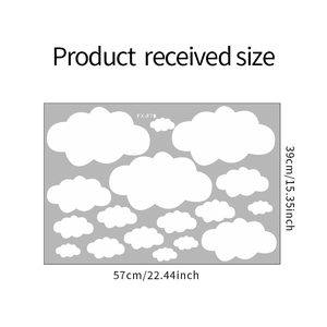 Detailed sheet layout of white cloud wall stickers showing size 57cm by 39cm
