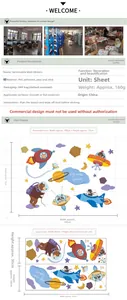 Detail view showing space astronaut animal wall decals with layout dimensions and PVC material