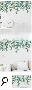 Detail display of Nordic green vine wall stickers with purple flowers in a modern living room