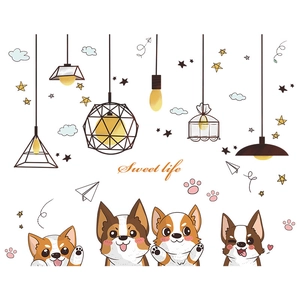Macro layout of cartoon Corgi stickers with industrial lamps and Sweet Life text