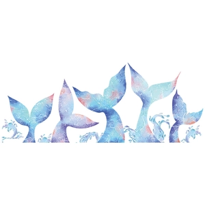 Detailed watercolor mermaid tails and splashes for children wall decoration