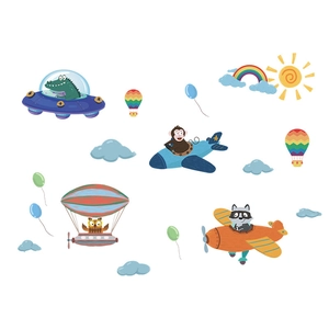 Cartoon animal pilot wall stickers featuring monkeys, raccoons, and owls for kids' rooms
