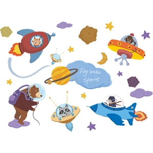 Detail of space-themed wall stickers showing fox in rocket and bear astronaut characters