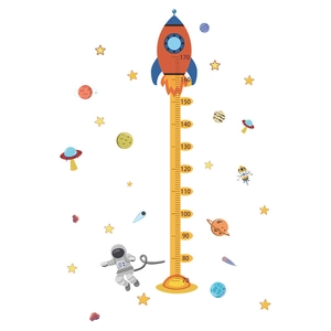 Detailed view of space rocket height chart with cute astronaut and planet wall stickers