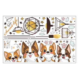 Close-up of cartoon Corgi dogs and modern lamp wall stickers with Sweet Life text
