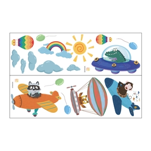 Detailed layout of cartoon animal pilot wall stickers featuring raccoons and airplanes