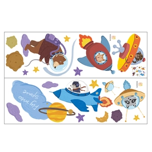 Cartoon astronaut animal wall stickers with rocket and UFO for kids room decor