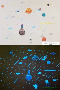 Glow-in-the-dark space odyssey wall decals with planets, astronauts and blue fluorescent light