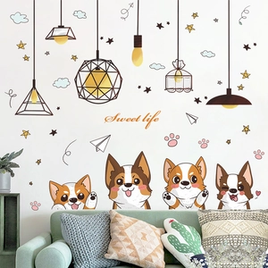 Cartoon Corgi Dog Wall Sticker Cute Puppy Pendant Lamp Wall Decals DIY Sweet Life Removable Vinyl Wall Art For Kids Room Nursery Decor