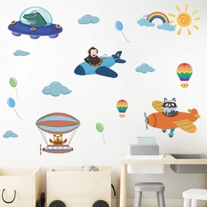Cartoon Animals Aviator Wall Decals For Kids Room PVC Removable Wall Stickers For Nursery Bedroom Playroom Decor