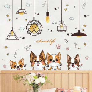 Cute Corgi wall stickers with hanging lamps and Sweet Life text for nursery decor