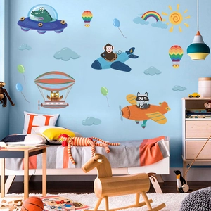 Cartoon animal aviator wall stickers set with plane and rainbow for kids room