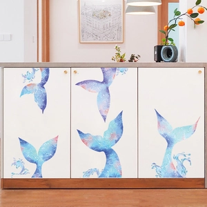 DIY cartoon watercolor mermaid tail wall stickers for kids room and cabinet decoration