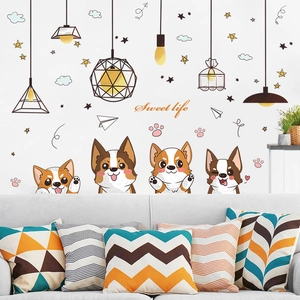 Cartoon corgi wall decals with pendant lamps and Sweet Life text for kids' room decor