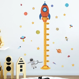 Cartoon space rocket height growth chart wall sticker for kids room with planets and stars
