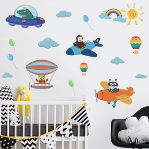 Cartoon animal aviator wall stickers with monkey pilot and raccoon for kids room