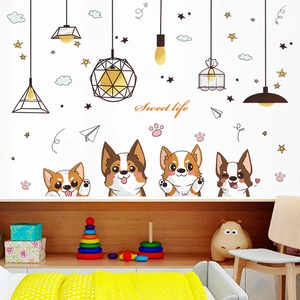 Cartoon Corgi dog wall stickers with pendant lights for kids room decor