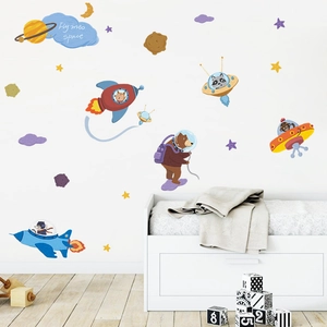 Space astronaut animals cartoon wall stickers for nursery decor featuring rockets and planets