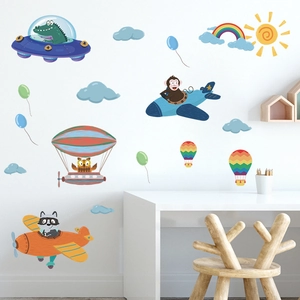 Cartoon animal pilot wall stickers with crocodiles and monkeys for nursery wall decoration