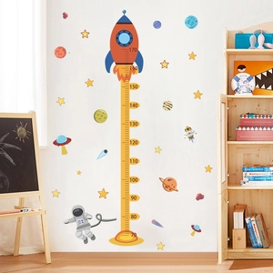Cartoon space rocket height measurement wall sticker for kids room with planets and stars
