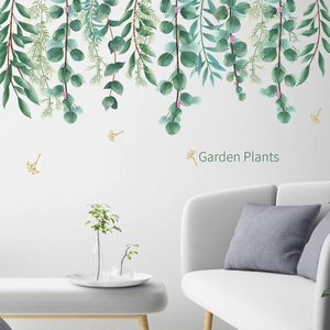Nordic eucalyptus vine wall decals with pink buds for modern minimalist home decor