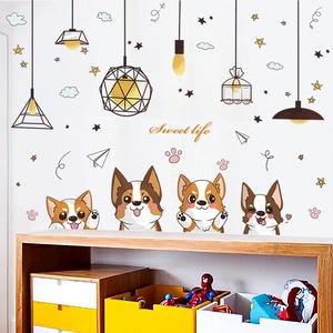 Cartoon Corgi wall stickers with Sweet Life text and vintage lamps for kids room decor