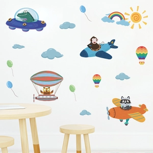 Cartoon animal aviator wall stickers with monkeys and raccoons for nursery room decoration