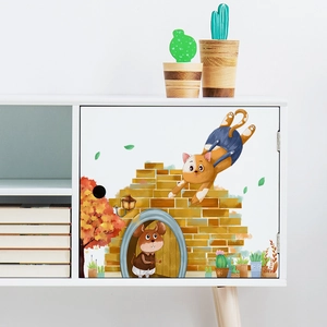 Cartoon Wandtattoo mit Katze und Maus für Kinderzimmer Wand- und Möbeldeko