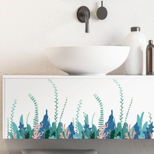 Seaweed skirting wall stickers with colorful coral and aquatic plants for bathroom decor