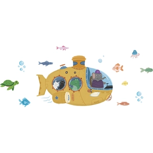 Détail de stickers muraux sous-marin jaune avec animaux pour chambre d'enfant décor
