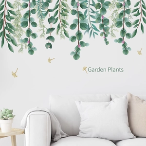 Garden Plants wall stickers with hanging green leaves and pink buds for home decor