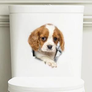 Sticker Mural 3D Réaliste Cavalier King Charles Spaniel Effet Trou PVC Imperméable Amovible Autocollant de Toilette Réfrigérateur DIY Décoration Maison