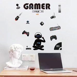 Adesivi murali neri a tema gamer con sagome di giocatori e controller da gioco