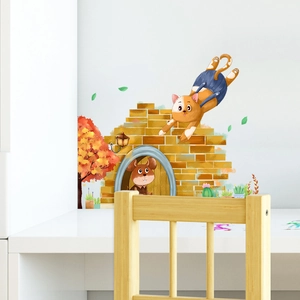 Cartoon Wandtattoo Mausloch mit fliegender Katze und rotem Ziegel für Kinderzimmer