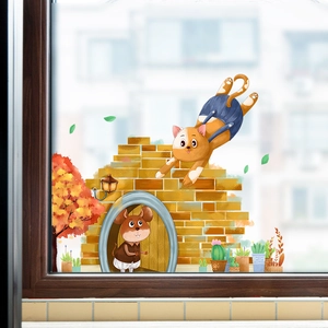 Cartoon Orange Katze und Mausloch Wandaufkleber für Kinderzimmer Dekoration