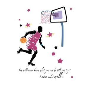 Detail of cartoon basketball player wall sticker with stars and sports quote
