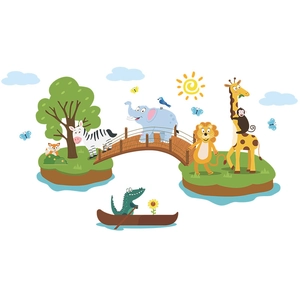 Detail of cartoon giraffe, elephant, and lion stickers for nursery wall decoration