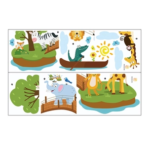 Detailed layout of cartoon animal wall stickers featuring lions, giraffes and forest animals