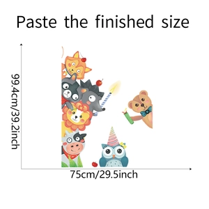 Detailed size chart showing stackable cartoon animal wall decals measuring 99.4cm by 75cm