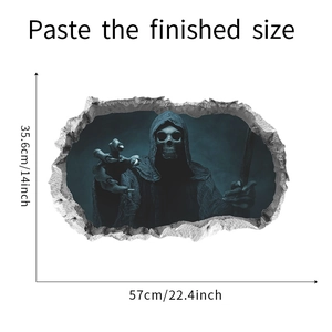 Size dimensions for 3D broken wall skull wall sticker showing 57cm width and 35.6cm height