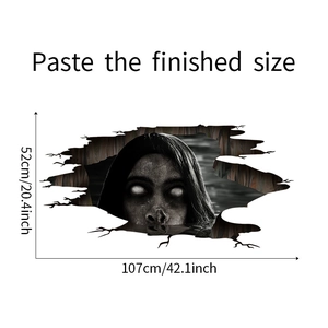 Detail showing 3D Halloween wall decal of a spooky eyeless woman through a wall crack
