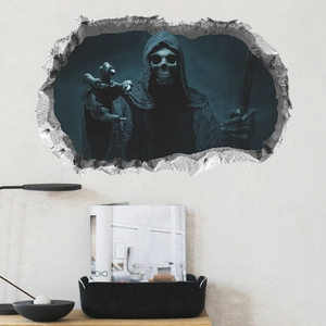 3D Halloween wall sticker featuring a grim reaper skeleton breaking through a cracked wall