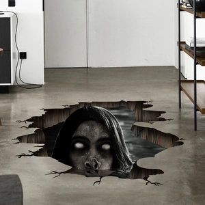 3D realistic cracked wall decal featuring a spooky eyeless woman for Halloween decor