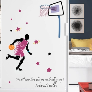 Cartoon basketball boy wall decal with stars and motivational sports quotes for room decor