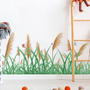 Nature wall sticker with green grass, pampas grass and colorful butterflies for room decor