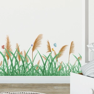 Green grass and butterfly wall decals with reed accents for living room home decoration
