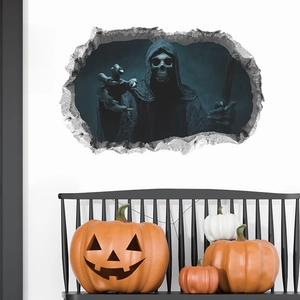 3D realistic cracked wall Halloween sticker with grim reaper skeleton and pumpkins