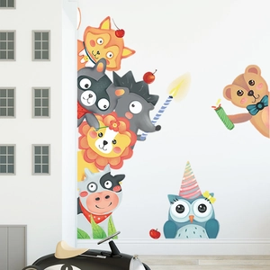 Cartoon animals wall stickers featuring hand-drawn lion and fox for kids nursery room decor