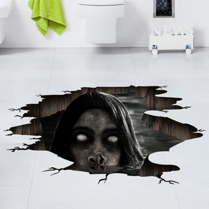 Scary 3D Halloween wall sticker featuring a eyeless ghost woman breaking through floor tiles