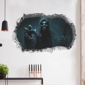 3D Halloween wall sticker featuring a grim reaper skeleton emerging from a cracked wall